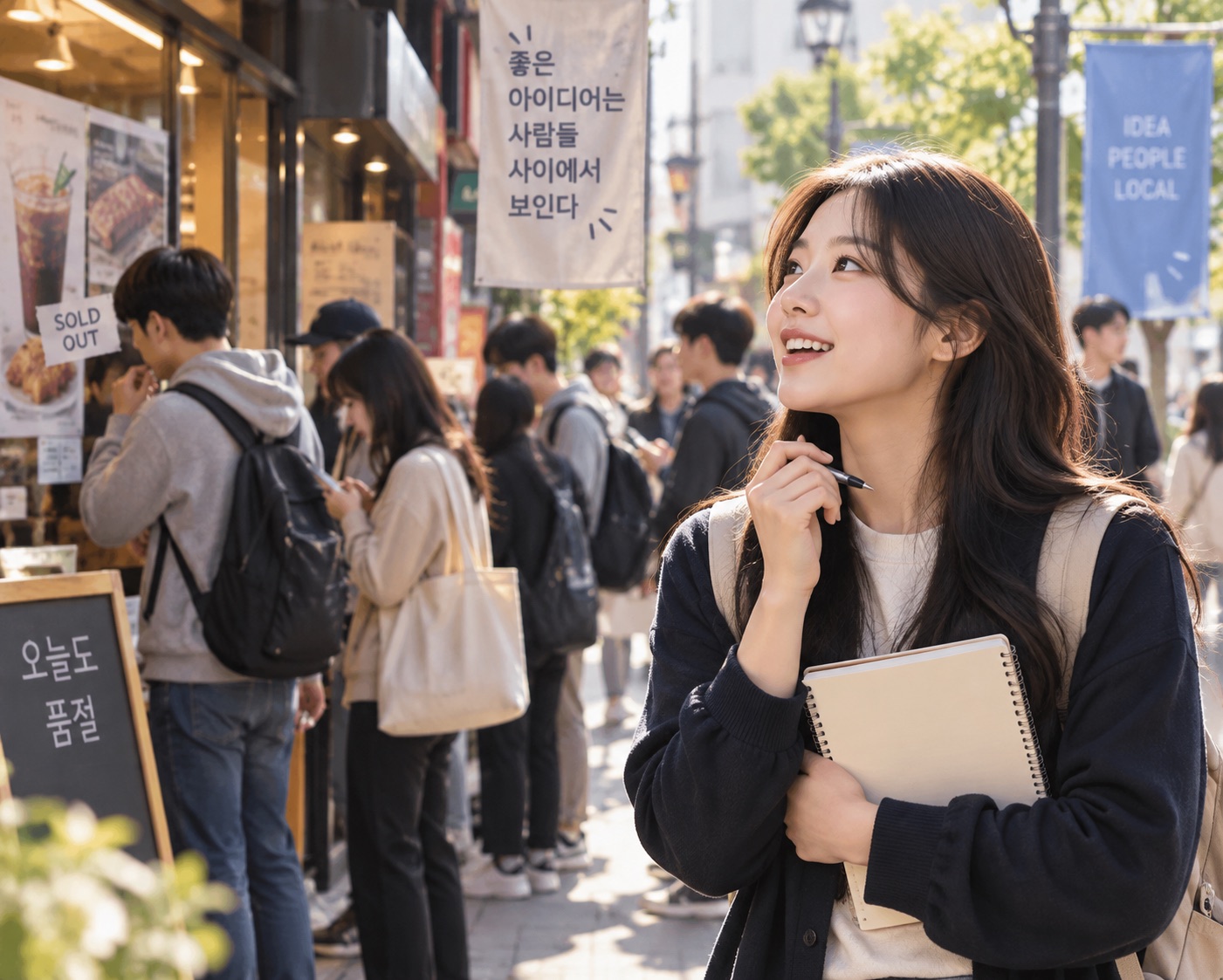 거리에서 아이디어를 떠올리는 예비창업자